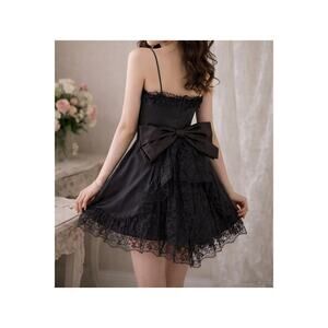 Vintage 80's Black Ruffle Lace Dress M Huge Bow Party Formal Retro Coquette Goth
